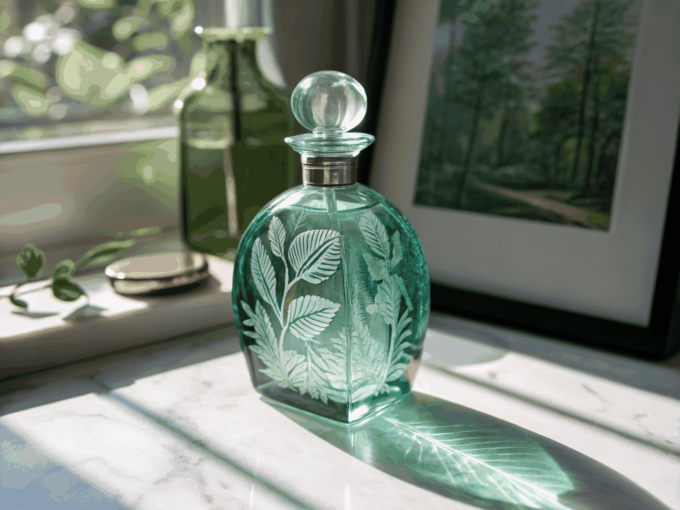 Scène photographique du flacon de brume parfumée Hina dans un décor tropical doux