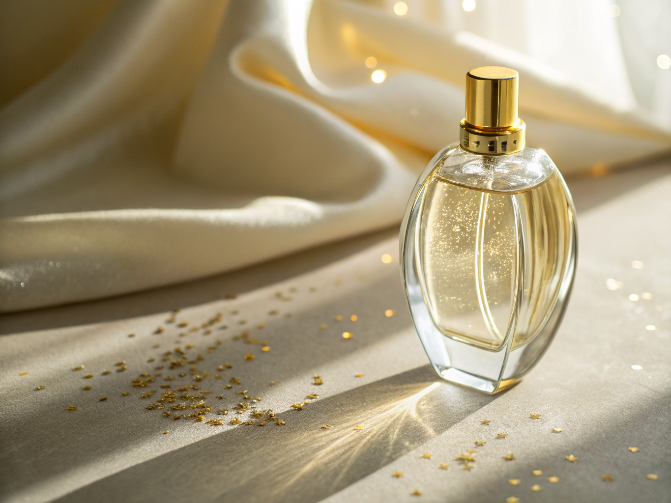 Scène photographique du flacon de brume parfumée Ravanui sous une lumière d'or tiaré